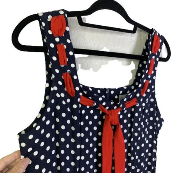 LESLIE LUCKS Blue & Red Ribbon Polka Dot Pin Up Sailor Dress Size 10 - Picture 3 of 12